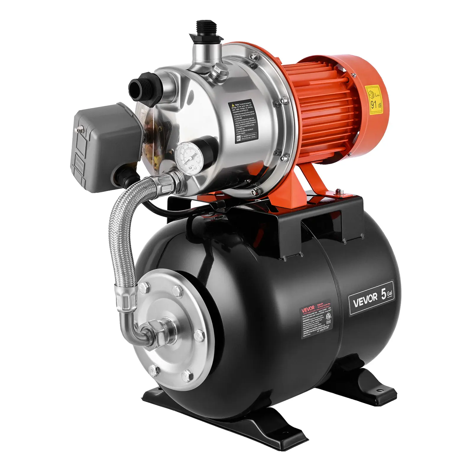 VEVOR 1.6 HP Stainless Steel Shallow Well Jet Pump with 5-Gal Pressure Tank, 120V 1320 GPH Flow, 304 Stainless Head Resists Rust, Auto Boost System, 20/40 PSI Switch, Automatic Thermal Overload Protection, for Home Lawn Watering (ft/m Compatible), Stainle