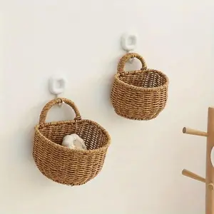 Boho Style Wall Mounted Basket, 2 Counts/set Woven Storage Basket with Handle, Durable Storage Organizer for Kitchen & Home Storage