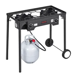 【FathersDayGift】VEVOR 2 Burner Outdoor Propane Gas Stove, 150,000 BTU Propane LPG Gas Camping Stove, Heavy-duty Carbon Steel Outdoor Cooker, with 2 Wheels & 20 PSI Regulator & Hose, for BBQ Camp Home Patio Backyard