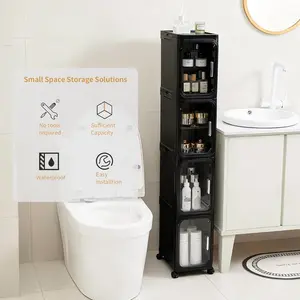 4-Tier Black Slim Narrow Rolling Storage Cabinet Tall Bathroom Organizer with Adjustable Shelves for Small Space Laundry Kitchen Cutlery Tableware