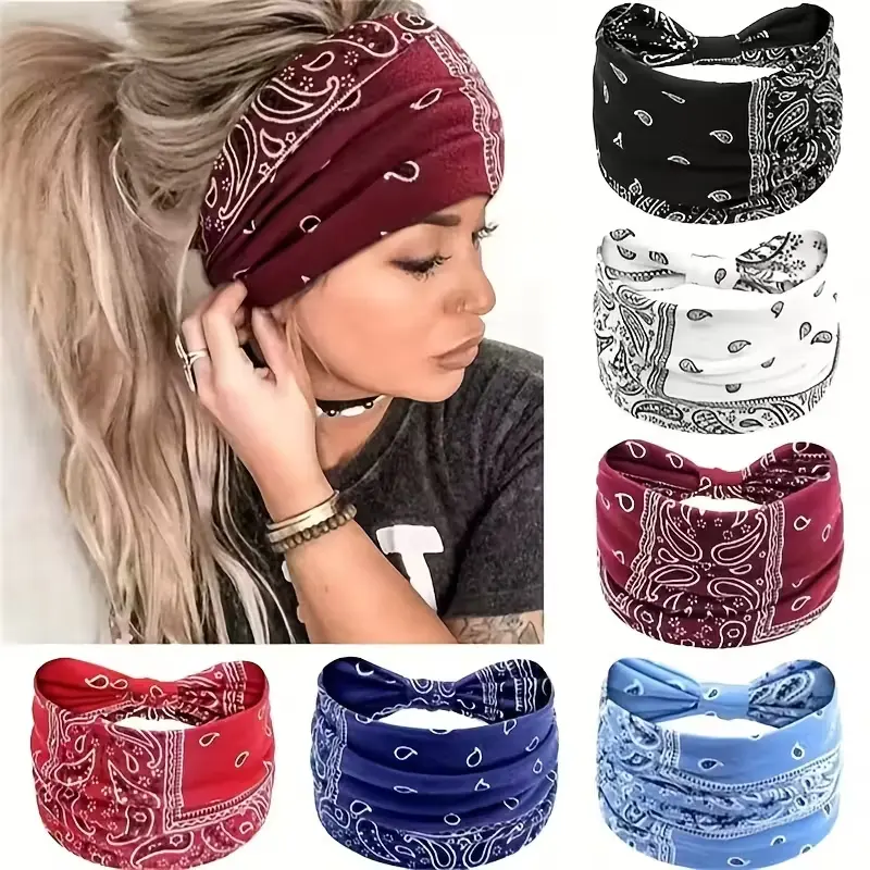Women's No-Slip Knotted Wide Turban Headbands - Soft Boho African Solid Color Hair Accessories, Adjustable Headband for Yoga Workout (Pack of 6), Accessories For Women