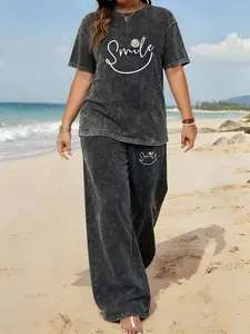 Spring and Summer Sports Plus Size Two-piece Set with patchwork print, Tie-dye Washed Vintage Short Sleeve T-shirt and Wide-leg Pants, Plus Size Women's Jogging Outfit