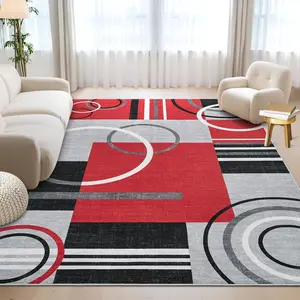 GARVEE Area Rug 5x7 Washable Rugs for Living Room Abstract Circle Rugs Non Slip Low Pile Rug Stain Resistant Carpet for Bedroom Home Decor, Red