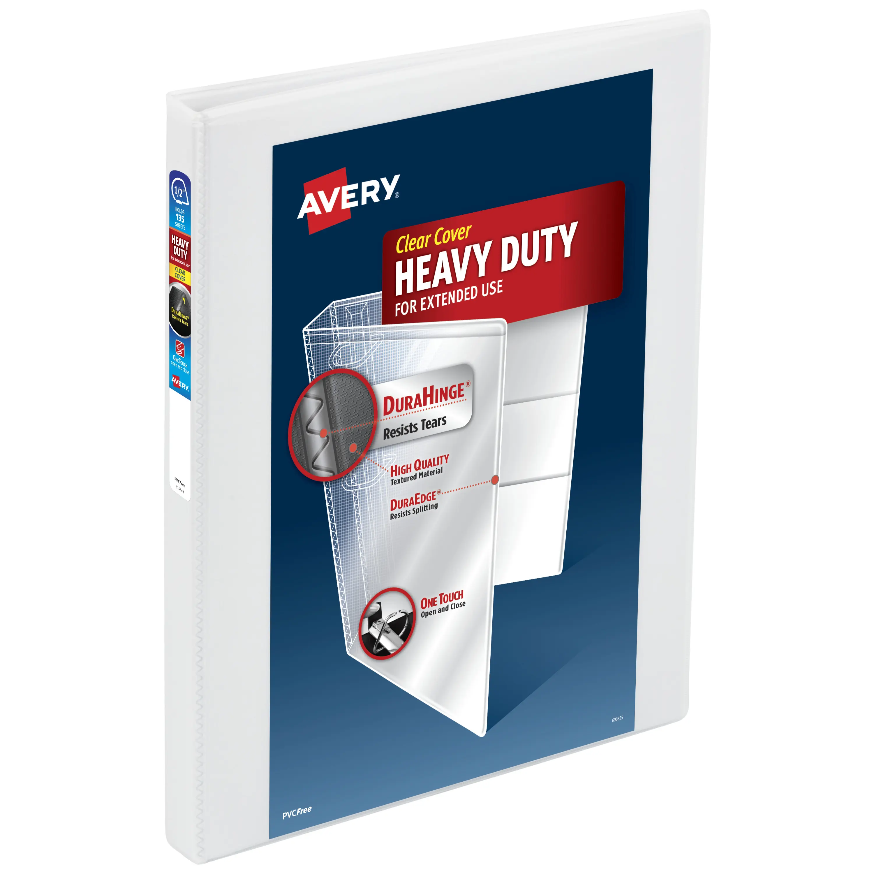 Avery Heavy-Duty View 3 Ring Binder, 0.5 Inch One Touch Slant Rings, 135-Sheet Capacity, DuraHinge, 0.7 Inch Wide Spine, Customizable Clear Cover and Spine, 1 White Binders (79380), School Binder, Recipe Binder