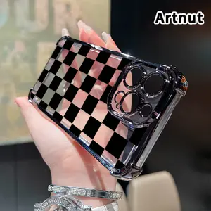 Checkered Symphony Pattern Four Corner Anti-Fall Phone Case Transparent Electroplated Protective Cover for iPhone 17 Air 16 Pro Max 15 Plus 14 13 12 11 E