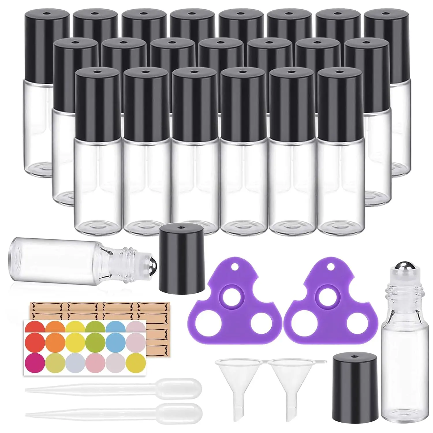 Modern Essential Oil Roller Bottles (24-Pack, 5ml Glass) with Stainless Steel Roller Balls - Caps Oil Storage Bottles & Jars Kit Including 96 Labels, 2 Openers, 4 Funnels, 4 Droppers