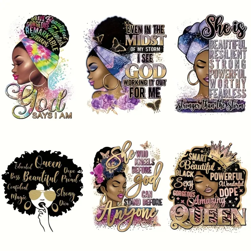 6 Pack African Women Power Iron on Patches Multicolor Inspirational Quotes Vinyl Heat Transfer Stickers for T Shirts Backpacks Hats DIY Fashion Decoration Empowering African Female Design