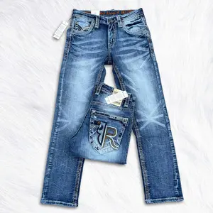 Rock Revival R Logo Blue Jeans for Men, Contrast Stitch Denim, Western Rodeo Style, Embroidered Pocket Jeans, Y2K Streetwear