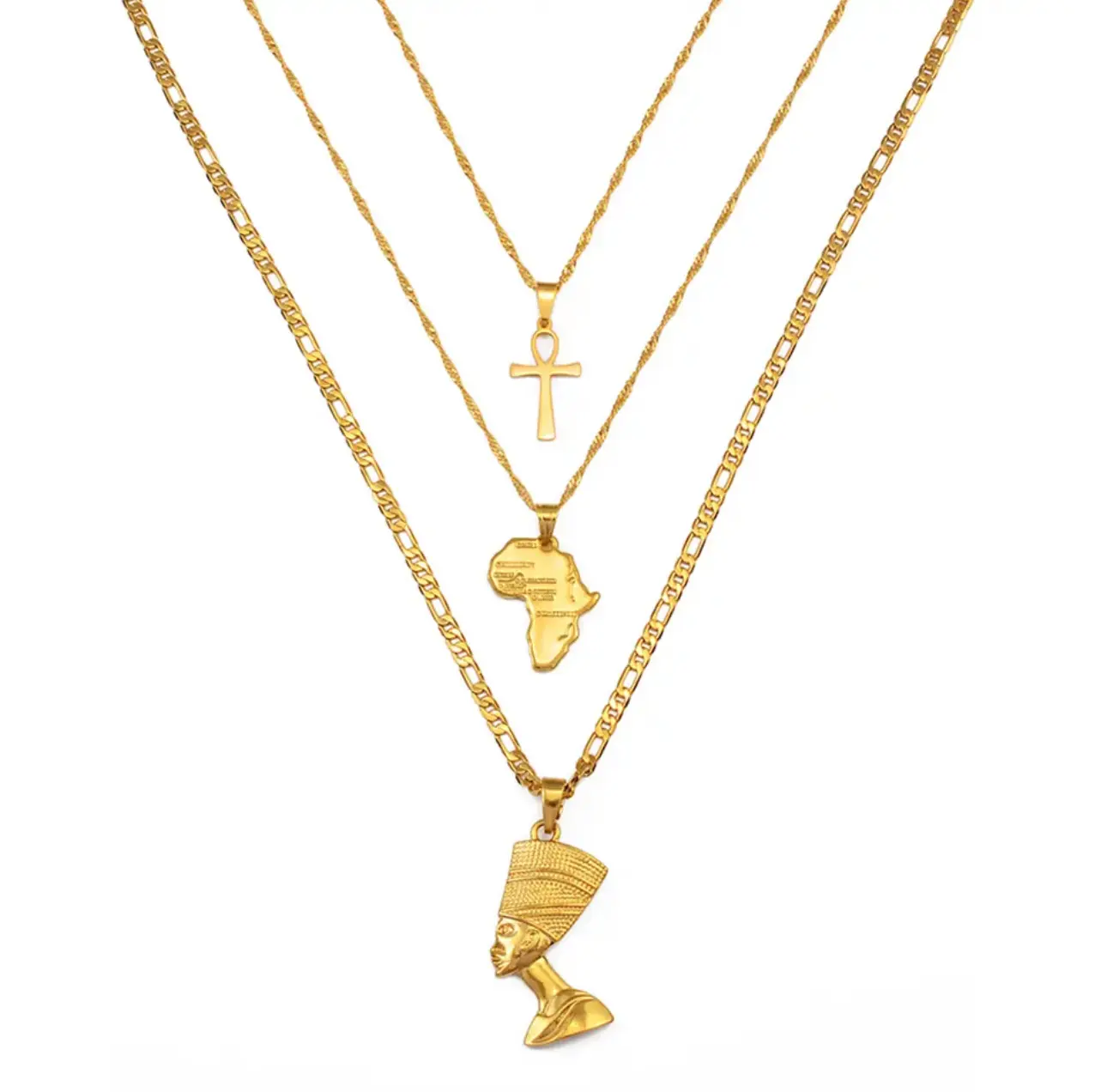 3pcs Necklaces Ankh Nefertiti Africa Map Pendant Gold/Silver Color