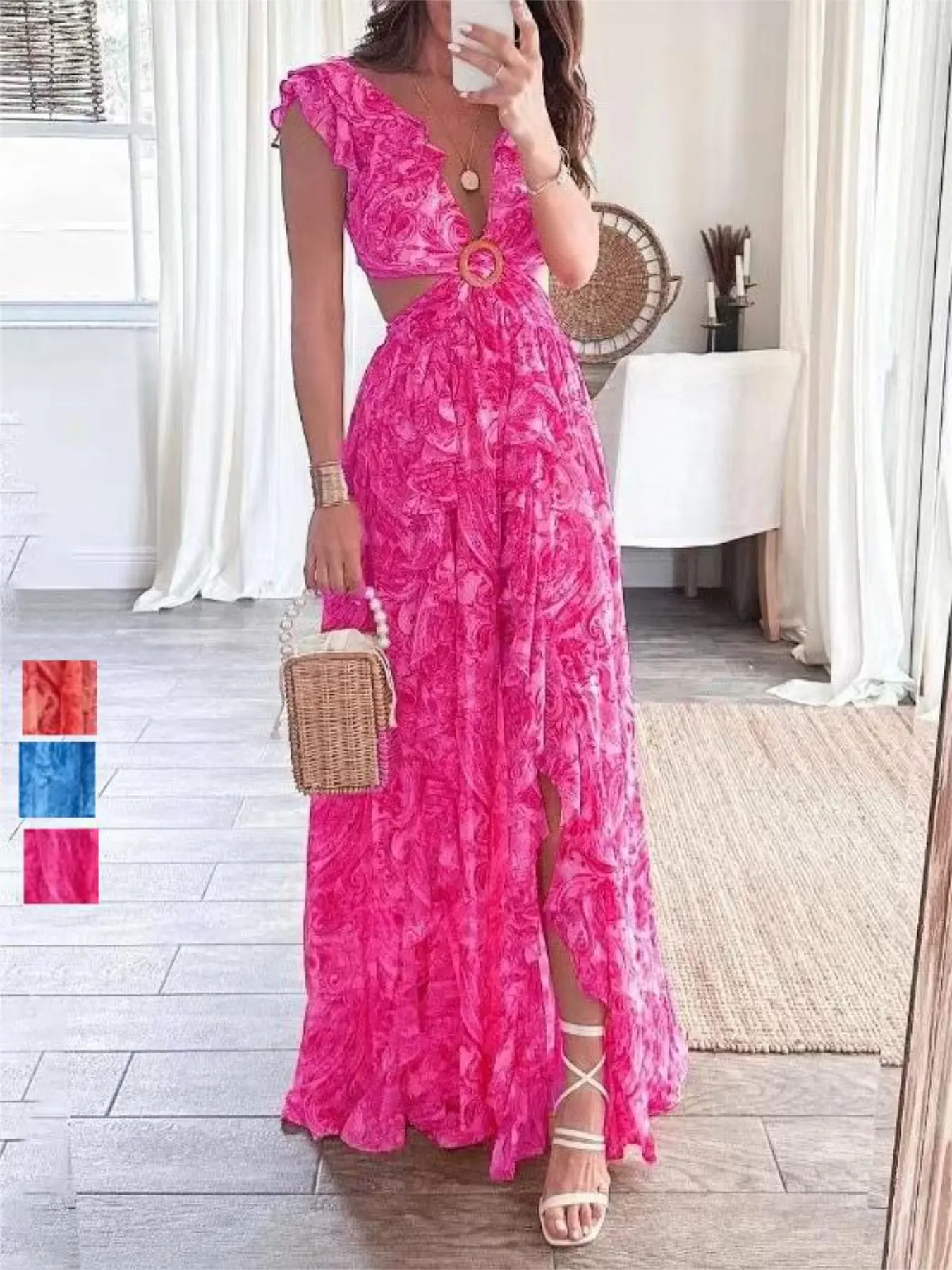 Fashionable Elegant Sleeveless Lightweight Long Summer Dress with Ruffles, V-Neck All-Over Print, Slim-Fitting Split Hem, Perfect for Vacation and Daily Wear