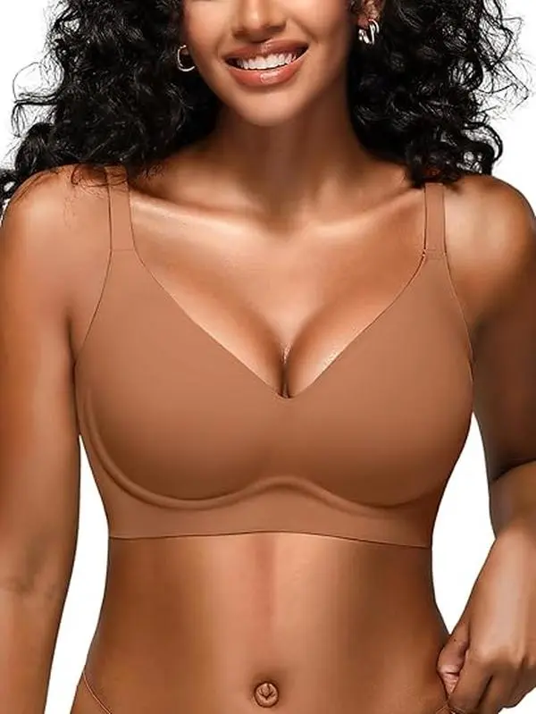 Deangelmon Wireless Seamless V Neck Bra for Women, Soft Padded Bralette with Thin Straps & U-Back Support for Everyday Sleep Party Wear