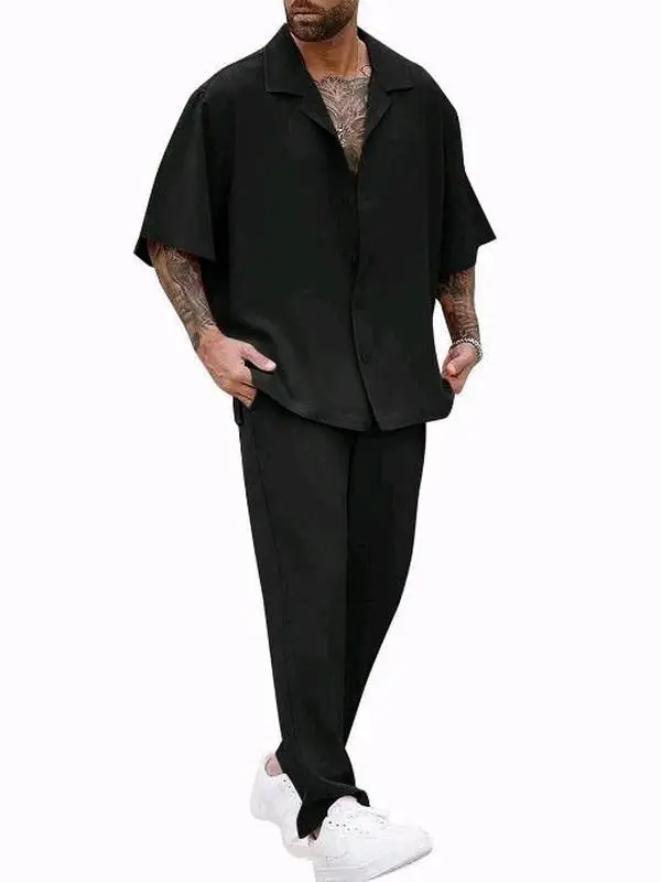 LecGee Men's 2-Piece Basic Plain Short-Sleeve Classic Summer Tracksuit Set, Casual Solid Polyester-Blend Button-Down Shirt & Loose Regular-Fit Elastic-Waist Pants, Beach Vacation Menswear, Machine Washable