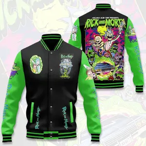 Rick And Morty Baseball Jacket, Pop Culture Cartoon Varsity Outerwear, Oversized Cozy Streetwear