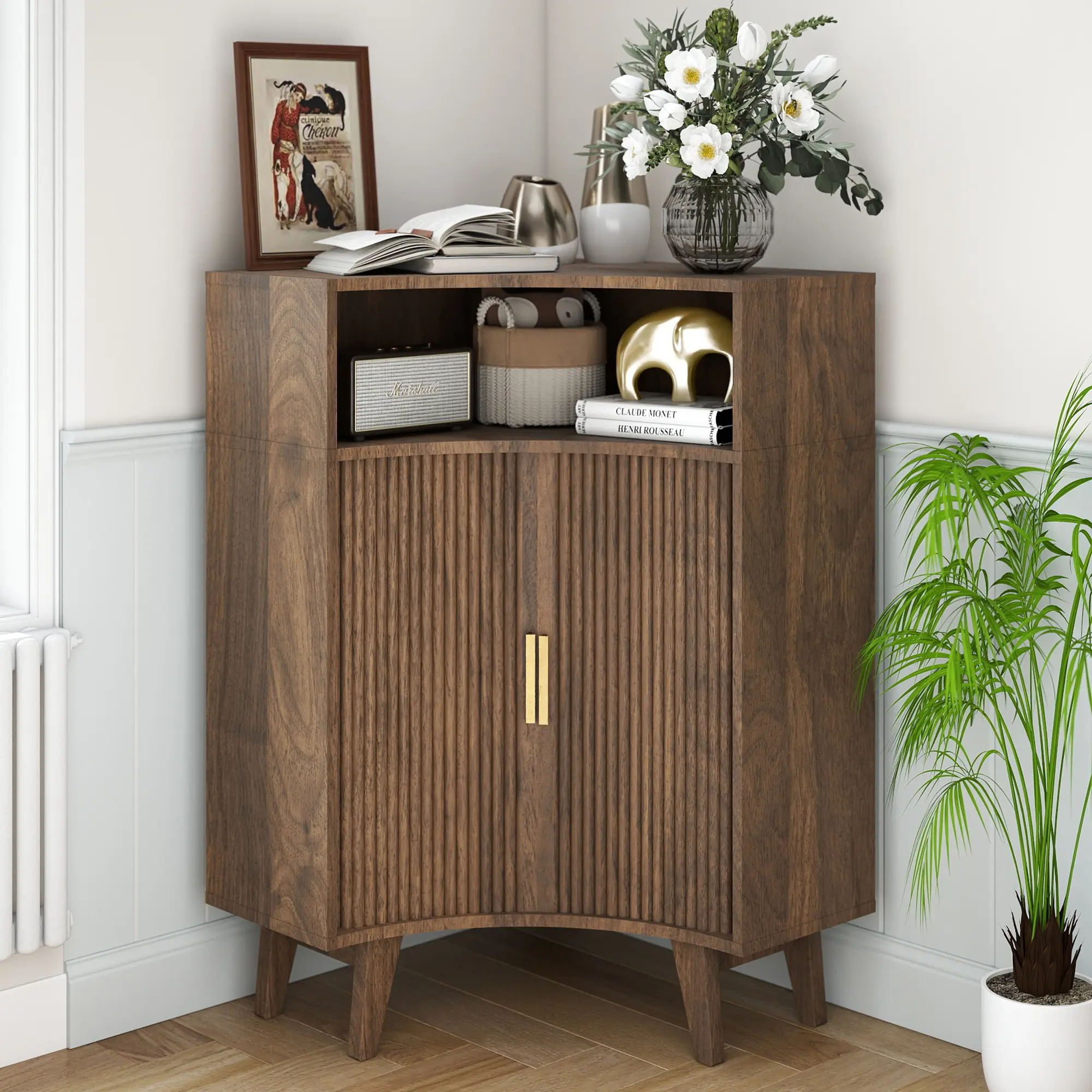 ZXVOIM Corner Bar Cabinet, Fluted Doors Corner Cabinet with Shelve, Sliding 2 Doors Corner Accent Cabinet, Freestanding Corner Organizing for Living Room, Dining Room