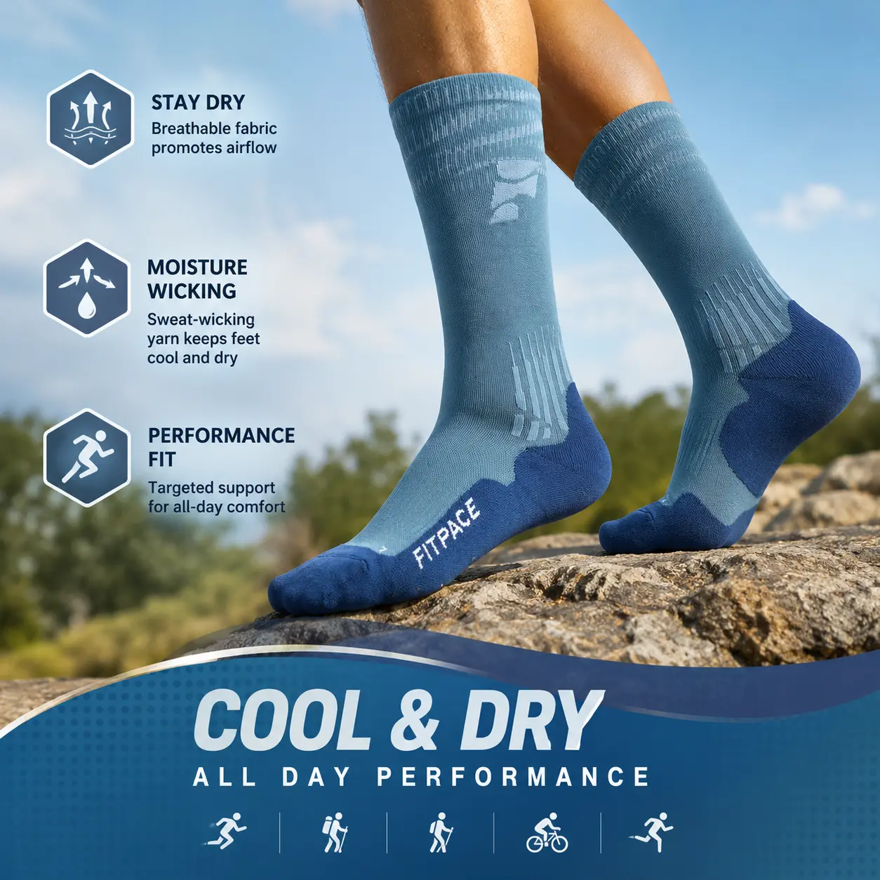 FITPACE Athletic Compression Socks for Men Women, Knee High Running Socks with Arch Support, Moisture Wicking, Cushioned Comfort, Stay-Up Cuff and Non-Slip Grip