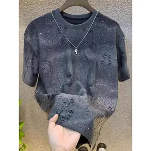 Men's Short-Sleeved T-shirt Summer Ripped Starry Sweater Gradient Loose Pullover Menswear Top Graphic Tee Streetwear Tshirt Crewneck
