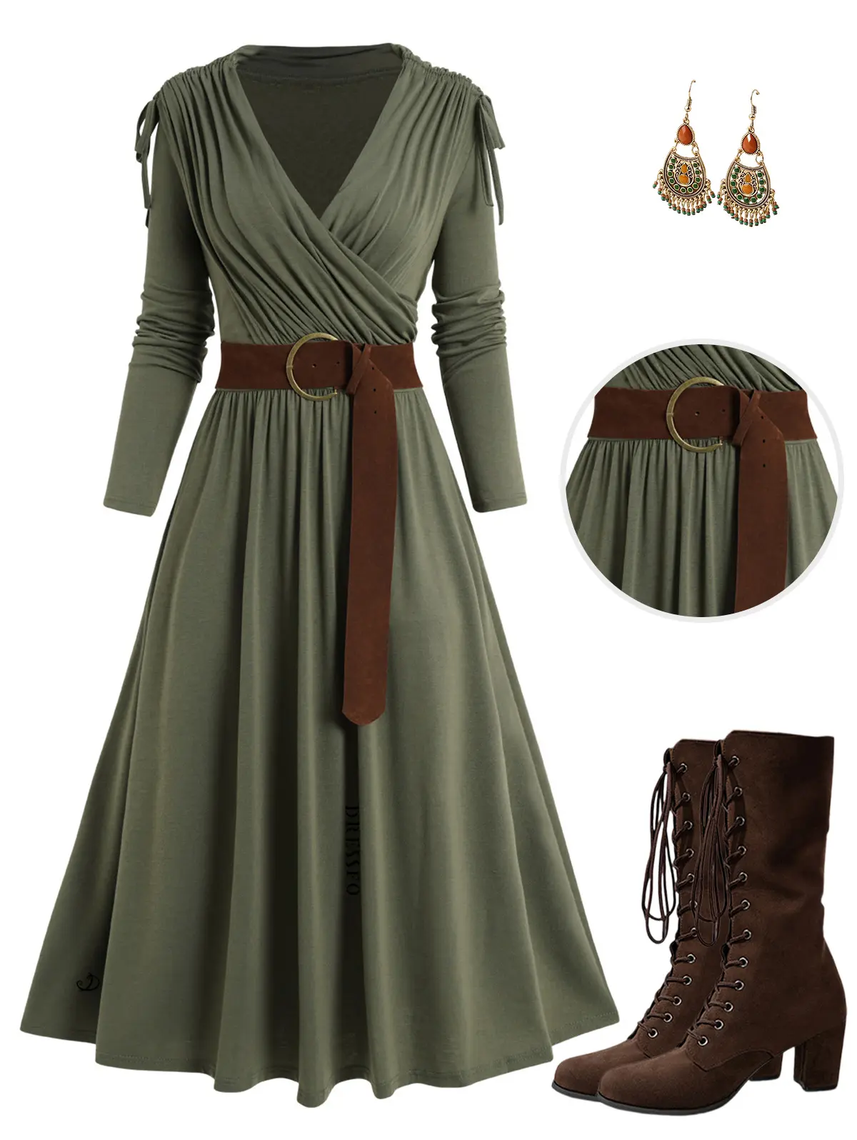 Women's 2025 Green Dresses Cinched Ruched Surplice Plunge Belted Midi Dress Solid Color High Waist Long Sleeve Dress V Neck High Waist A Line Wrap Dresses Casual Fabric