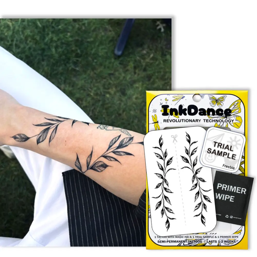InkDance Semi-Permanent Realistic Temporary Tattoos (Set of 2, D318) - Botanical Laurel Leaf Branch, Vine, Olive Branch, Plant-Based Temporary Tattoo Ink, Waterproof, All Skin Types, 1-2 Weeks Long-Lasting, Color Develops in 24 Hours