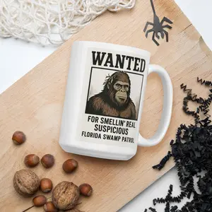 WANTED: For Smelling Real Suspicious 15 oz Mug | Funny Bigfoot Coffee Cup | White Ceramic | Sticks ’N Stones™ Cryptid Series White glossy mug