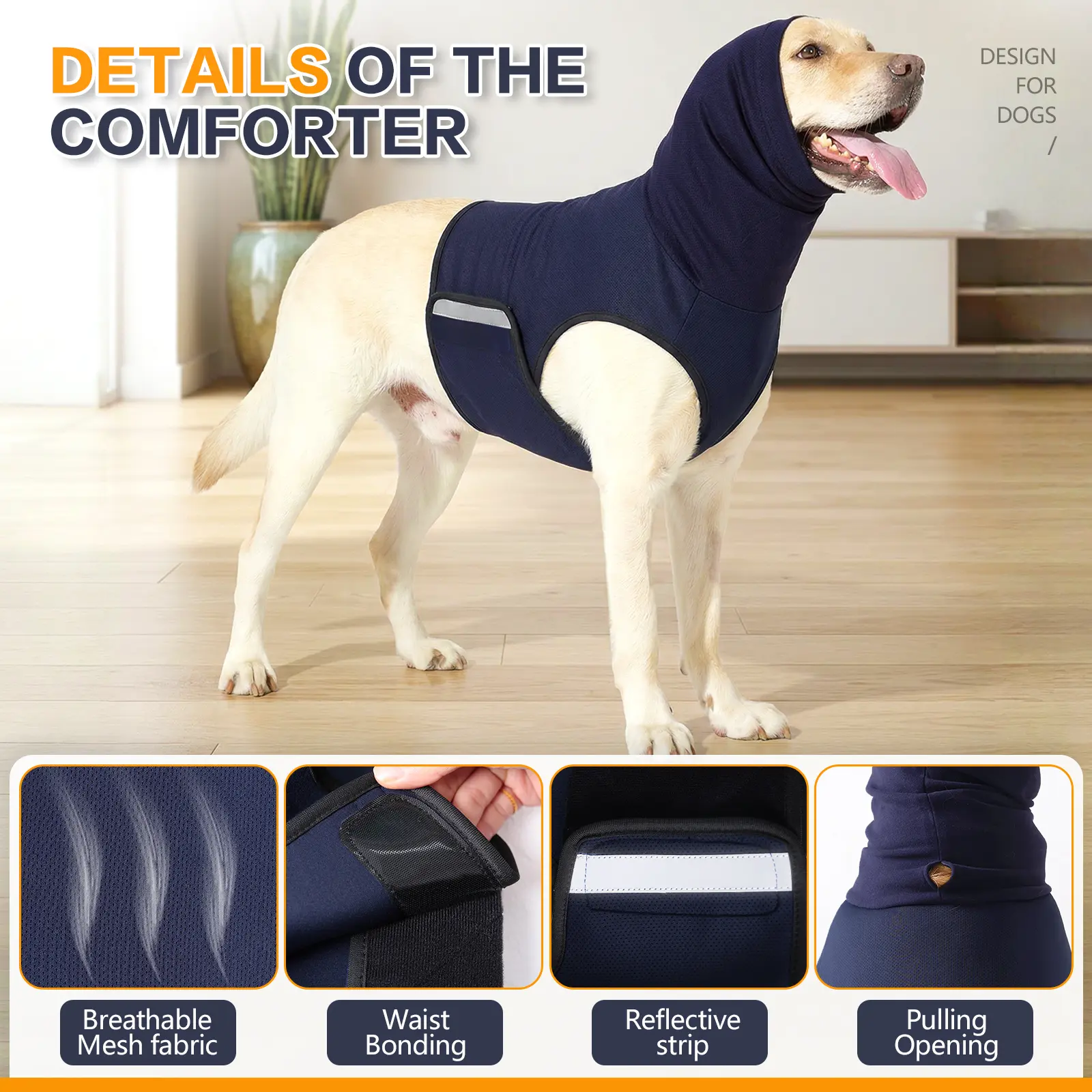 2-in-1 Dog Anxiety Calming Vest with Detachable Hood, Breathable Mesh Anti-Stress Thunder Shirt with Reflective Strap & Leash Hole for Small Medium Large Dogs sport