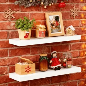 2 Pack White Christmas Themed Floating Shelves, Wall Mounted Shelves With Holiday Decor For Kitchen Bedroom Living Room, Festive Style Hanging Shelf For Home Storage & Christmas Decoration
