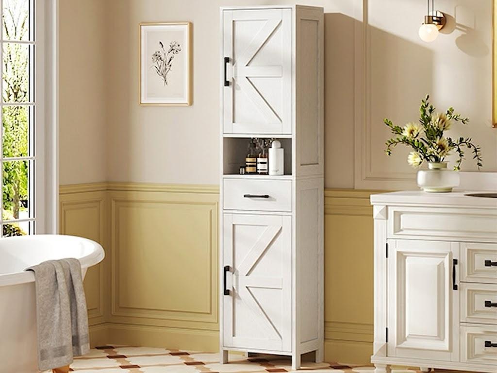 【Back to School】Sweetcrispy Slim Pantry Storage Cabinet, 67" Tall Freestanding Kitchen Cabinet with Drawer and 5-Level Adjustable Shelves, Modern Barn Door Linen Tower for Bathroom, Bedroom, Living Room, White, Storage Organization, Room Storage