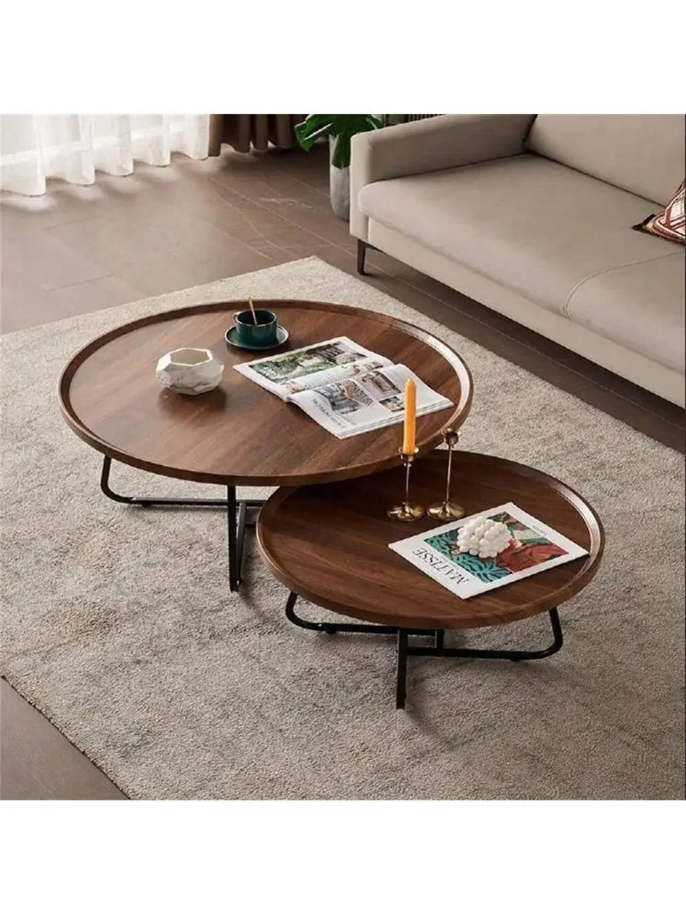 Gaomon 2-Piece Nesting Coffee Table Set - Mid-Century Round Walnut Fluted Indoor Furniture, 20"+28" Size, MDF Wood, Metal Frame, Raised Edges, Modern Living Room Center Tea Table