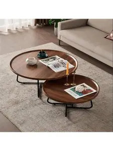 Nesting Coffee Table Set Of 2, 20" +28" Round Walnut End Tables With Fluted, Modern Center Table For Living Room Bedroom Office Balcony