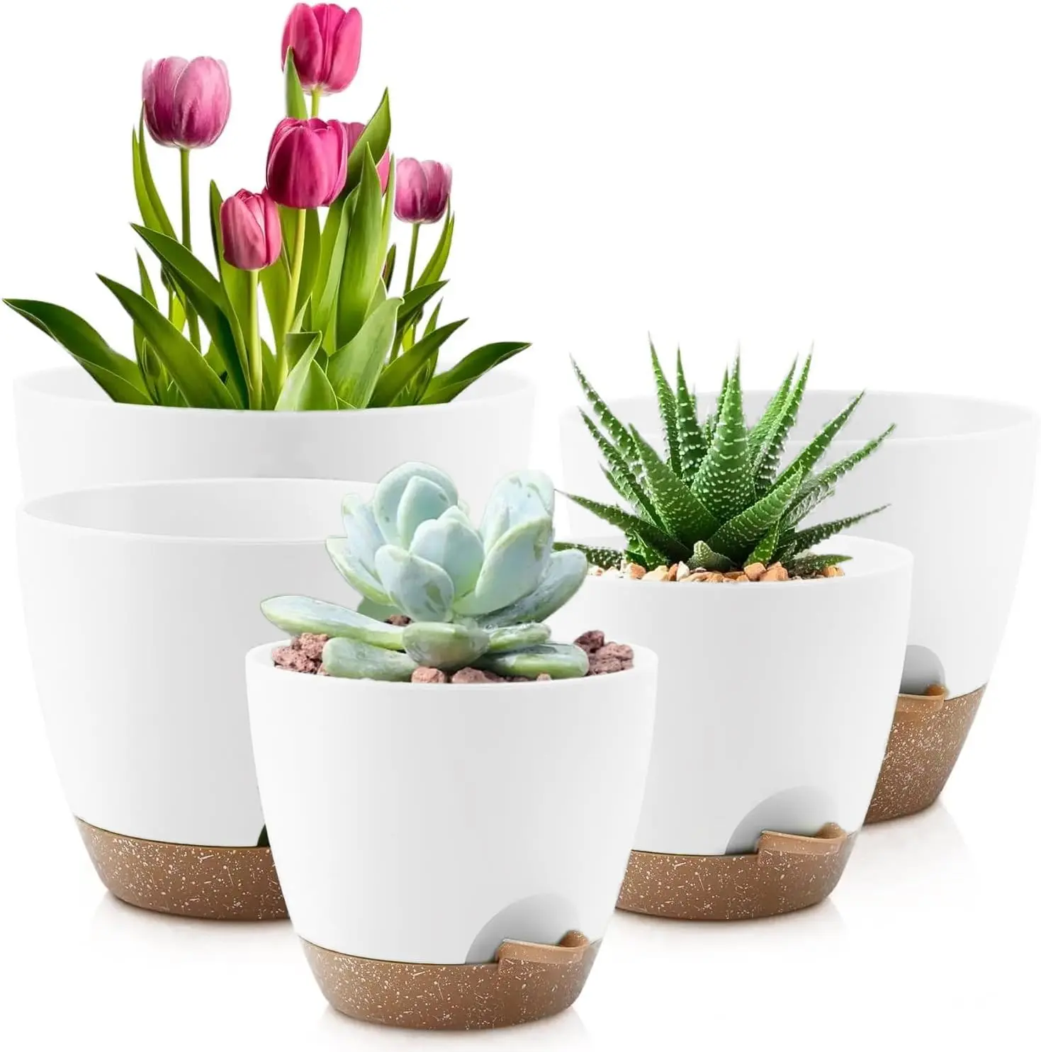 Carbonfree Certified Plastic Plant Pot Set (5-Pack) - Durable Self-Watering Planters (7/6.5/6/5.5/5 In) with Mesh Drainage Holes, Removable Watering Feeder, White, for Houseplants, Succulents, Ideal Gift for Lazy Gardeners