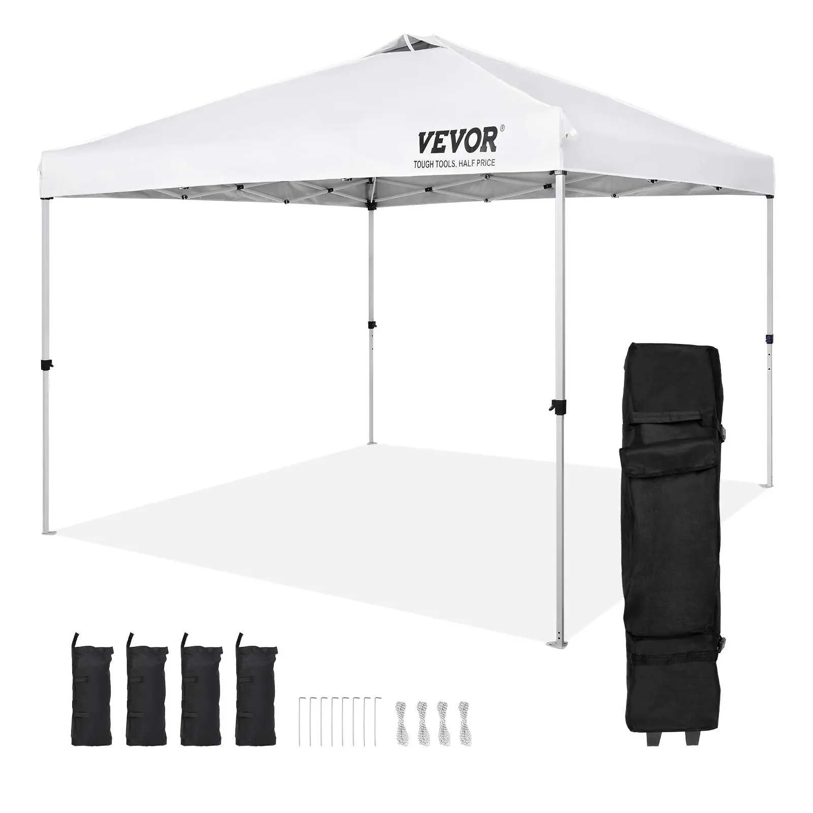 VEVOR 10x10 ft Pop Up Canopy Tent, Sunshade Canopy & Portable Awning, 250D PU Silver Coated Tarp, with Portable Roller Bag & 4 Sandbags, Waterproof Outdoor Shelter for Camping, Commercial Events, White, Portable Awnings