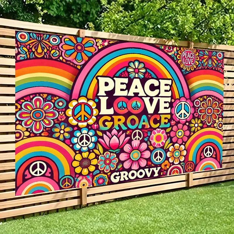 Polyester Wall Banner (244x183cm) - Colorful Large Groovy Hippie Art with Flower Prints, Rainbows, Peace & Love Designs, Outdoor Rainbow Banner, Business Party Decor, Living Room Home Supply Holiday Gift