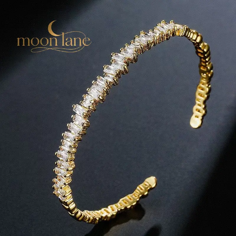 Women’s Hypoallergenic Alloy Irregular Geometric Cubic Zirconia Open Cuff Bangle Bracelet - Flexible Fit, Gold Aesthetic, Daily Arm Candy Accessory, Bracelet Stacking Essential, Accessory Goals for Parties, Ideal Birthday Gift, Anniversary, Arm Candy Acce