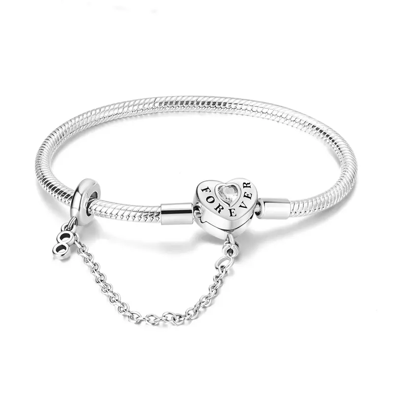 MULA Silver-Plated Charm Bracelet for Women, Classic Snake Chain with 'Forever' Heart & Infinity Symbol Pendants, Pandora Compatible Jewelry Gift, Bracelets, Charm Bracelets