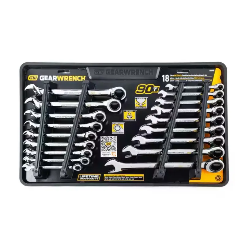 GEARWRENCH Heavy-Duty 18-Piece SAE/MM 90-Tooth Ratcheting Double-Ended Pro Combination Wrench Tool Kit Set with Tray, Replaceable Hook and Heel Jaws, Self-Cleaning Threads