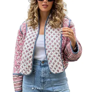 Molitree Women's Cropped Floral Quilted Jacket Cardigan Printed Lightweight Open Front Padded Puffer Coat