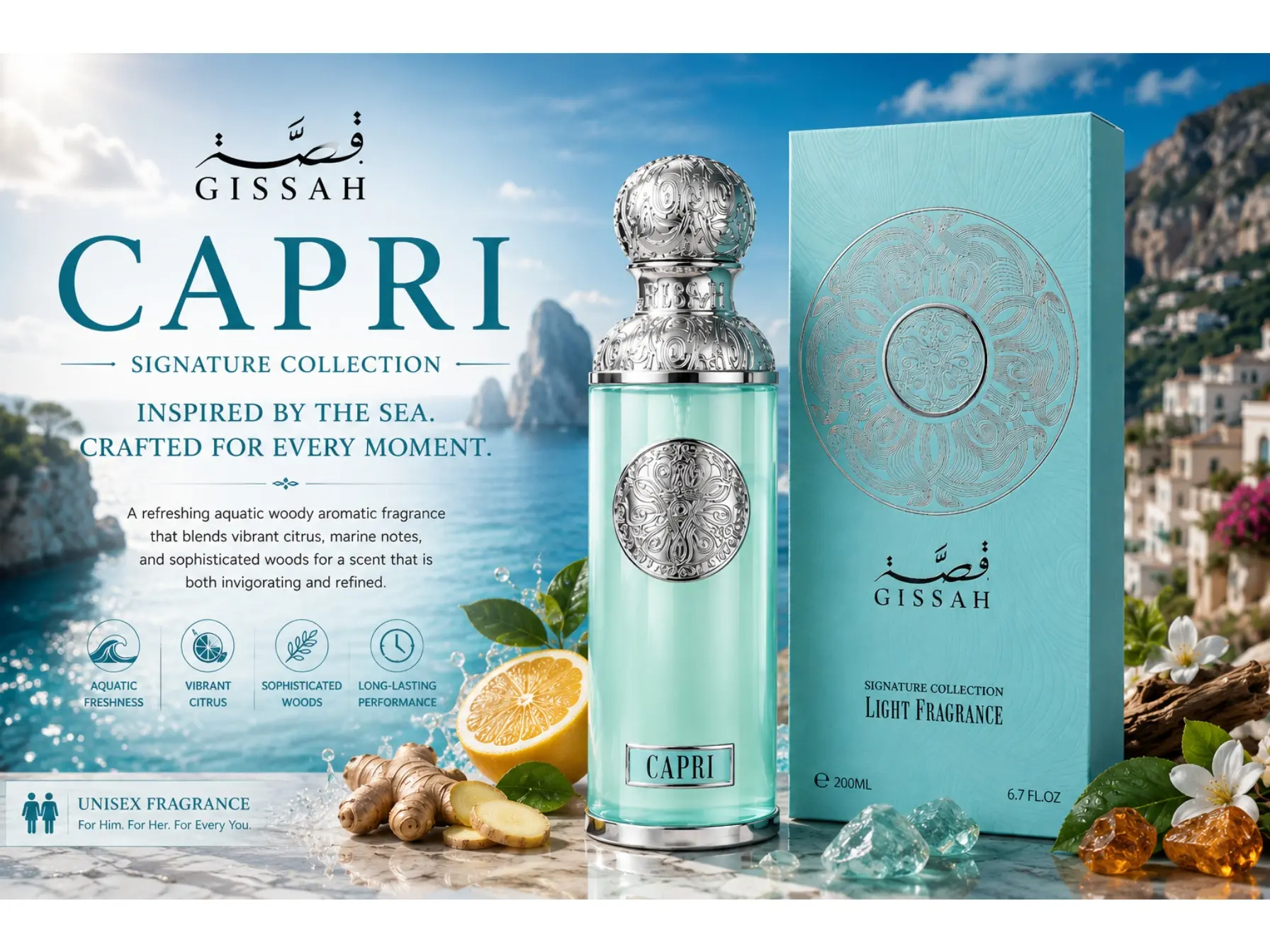 Gissah Capri Eau de Parfum, 200ml Long-Lasting Unisex Fresh Fragrance for Adults - Aquatic, Citrus, Sandalwood Notes, All Seasons, Everyday Wear, Elegant Designer Bottle, Luxury Packaging, Single Item Bottle, Women's Beauty & Personal Care Fragrance