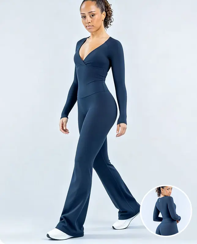 DFYNE Women’s V-Neck Long Sleeve Workout Set - Low Rise Flare Leggings Matching Activewear