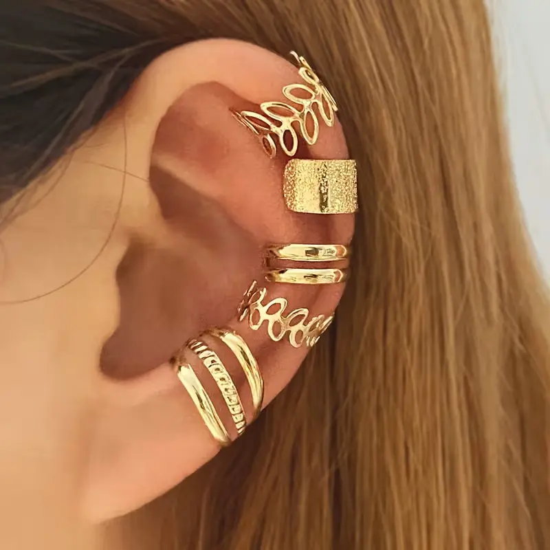 Women's 5pcs Golden/Silvery Clip-On Earring Set - Non-Piercing Hypoallergenic Jewelry for Women, Earring Stack, Ear Cuff Earrings, Daily Fashion Ear Accessories