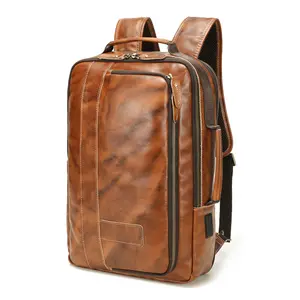 LANNSYNE Men's Full Grain Leather Expandable 15.6 Laptop Backpack Tote Shoulder Travel Bag Rucksack