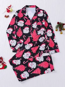 2-piece set of rose red Christmas tree, Santa Claus candy cane, comfortable Knitted top with small pockets, elastic waistband, suitable for all seasons, casual home, regular wear, holiday clothing, Pajama