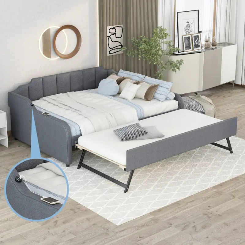 Full Size Upholstery Daybed with Pull Out Bed Trundle - USB Port, Trundle Adjustable (Flat/Erected), Durable High-Quality Legs, Gray, 76''x54.3'', 80.7''L×95.5''W×32.7''H, 137lb Capacity, Assembly Required, Pine Wood Upholstery Daybed