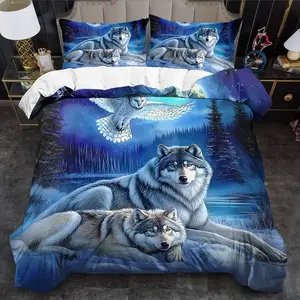 2D Print Arctic Wolf & Owl Cozy Decorative Bedroom Printed Bedding Set, Arctic Theme, Soft Breathable Polyester Fabric, All-Season Use, Includes 1 Fitted Sheet + 2 Pillowcases