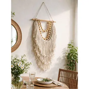 Boho Woven Wall Hanging, Macrame Tassel Wall Decor With Wooden Beads, Neutral Handmade Style Room Decor summervibes☀️
