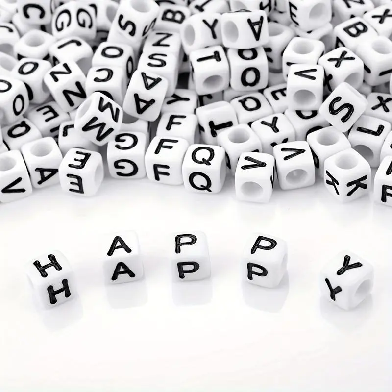 100pcs Square Block White Bottom Black Alphabet Letter Beads For Jewelry Making Bracelets Necklaces Key Chains Bracelet Kit Set Diy Beading Accessories Diy Mix Beads
