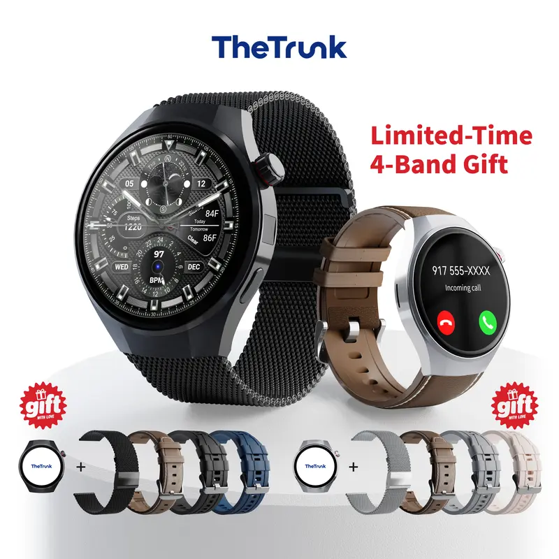 TheTrunk Wireless Waterproof Smartwatch for Men and Women - 4 Bands, Bluetooth Calling, 7-Day Battery, IP68 Waterproof, Heart Rate Sleep Monitor, UV Light Camera, Phone Android Compatible, Daily Wear, tiktokshopstockup Gift, Reloj Inteligente Deportivo
