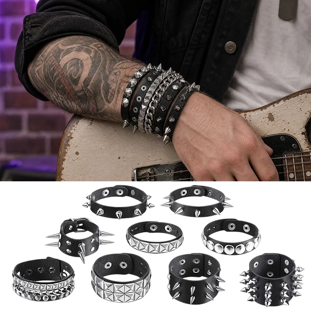 9 PCS Spiked Studded Bracelet Black Leather Rivet Punk Bracelet Y2k Cuff Wrap Bangle Snap Button Wristband Men Women