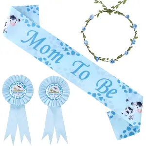 1Set Cow Baby Shower Decorations Boy Farm Animal Mom to Be Maternity Sash Mom Dad to Be Button Tinplate Badge Pin Flower Crown Headband for Cow Western Cowboy Gender Reveal Party