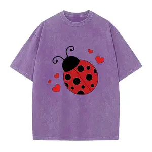 Women's Casual Short Sleeve T-Shirt - Cute Ladybug & Hearts Graphic Print, Soft Stretch Round Neck Tee, Retro-Inspired All-Season Comfort, Machine Washable, Multi-Color