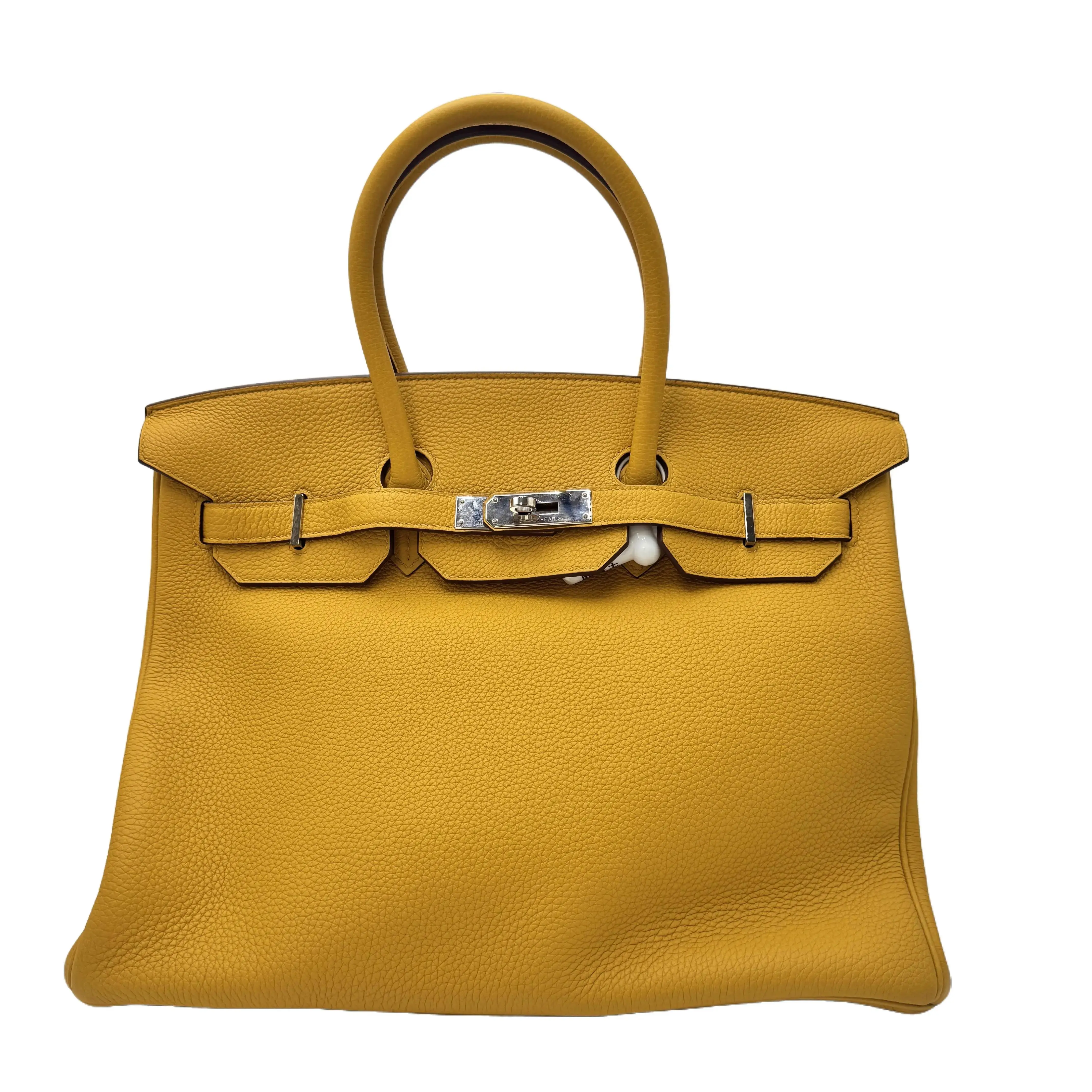 Pre-owned HERMÈS leather Tote Bags Birkin 35 Handbag Jaune Ambre Taurillon Clemence Silver Hardware