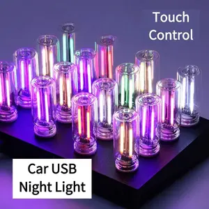 Car USB Night Light Touch control Dimmable LED Filament Lamp USB Plug and Play Decorative Atmosphere Light for Car Bedroom Purple Water Proof Adjustable